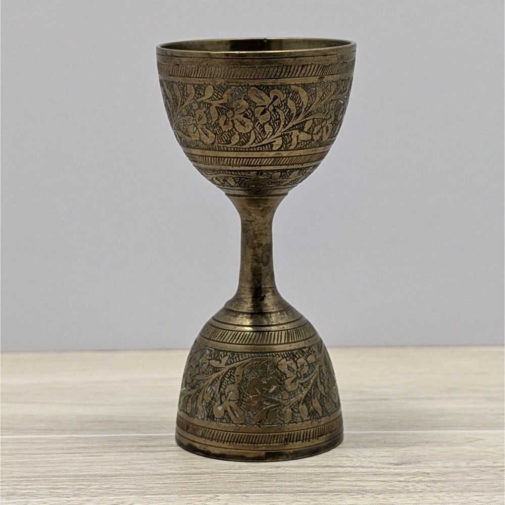 Antique Indian Early 19th Century Brass Minakari Work Double Ended Measuring Cup